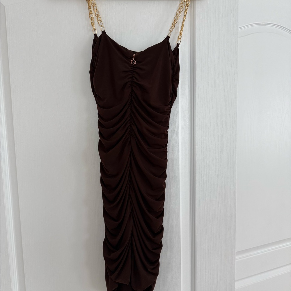 Nookie Chocolate Ruched Midi Dress with Gold Chain Straps